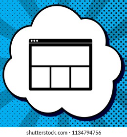 Web window sign. Vector. Black icon in bubble on blue pop-art background with rays.