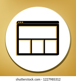 Web window sign. Vector. Black icon with light brown shadow in white circle with shaped ring at golden background.