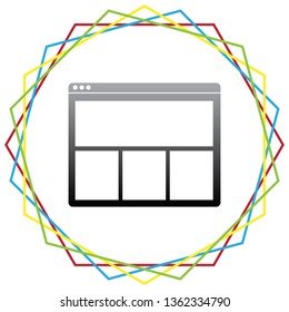Web window sign. Vector. Black icon with patch of light inside colorful hexagonal frames at white background.