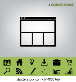 Web window sign. Vector. Black icon at gray background with bonus icons 