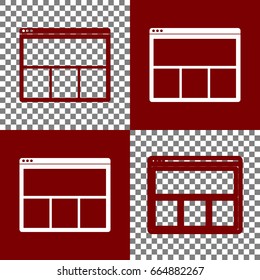 Web window sign. Vector. Bordo and white icons and line icons on chess board with transparent background.
