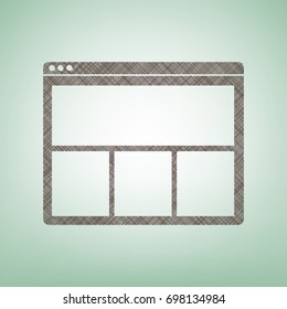 Web window sign. Vector. Brown flax icon on green background with light spot at the center.