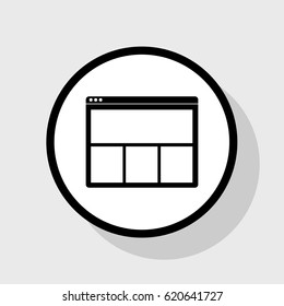 Web window sign. Vector. Flat black icon in white circle with shadow at gray background.