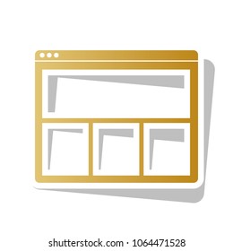 Web window sign. Vector. Golden gradient icon with white contour and rotated gray shadow at white background.