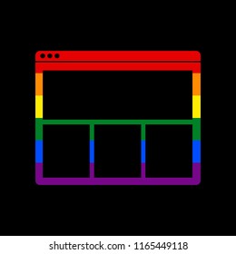 Web window sign. Vector. Icon with colors of LGBT flag at black background.