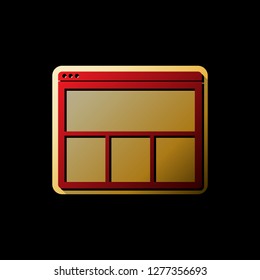 Web window sign. Vector. Red icon with small black and limitless shadows at golden sticker on black background.