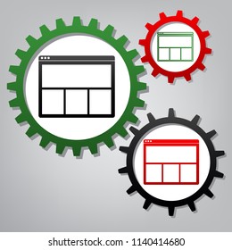 Web window sign. Vector. Three connected gears with icons at grayish background.
