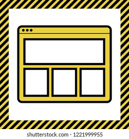 Web window sign. Vector. Warm yellow icon with black contour in frame named as under construction at white background. Isolated.