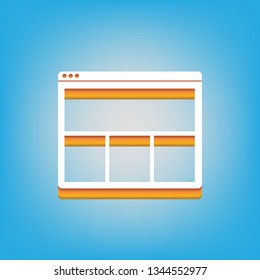 Web window sign. Vector. White icon with 3d warm-colored gradient body at sky blue background.