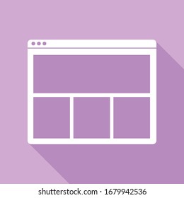 Web window sign. White Icon with long shadow at purple background. Illustration.