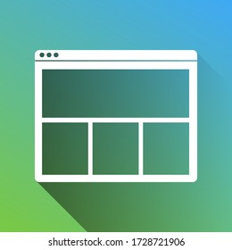 Web window sign. White Icon with gray dropped limitless shadow on green to blue background. Illustration.