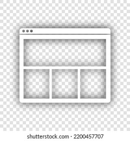 Web window sign. White Icon with dropped natural gray Shadow at transparent Background. Illustration.