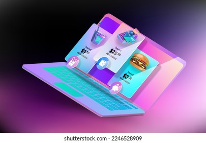 Web windows with the cost of goods and services on the labtop screen. Vector banner