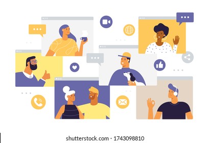 Web windows with different people chatting by videoconference. Smiling men and women work and communicate remotely. Team meeting online. Concept of virtual discussion. Vector in flat style, isolated