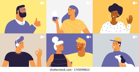 Web windows with different people chatting by videoconference. Smiling men and women work and communicate remotely. Freelance work and team meeting online. Vector illustration in flat design