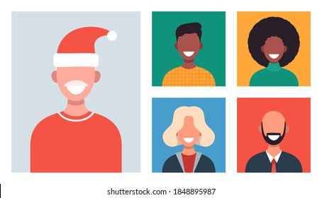 Web windows with different people chatting by videoconference. Smiling men and women work and communicate remotely. Christmas family or friends meeting online. Vector illustration in flat design