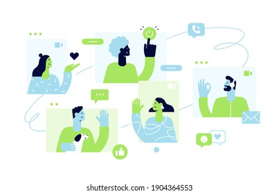 Web windows with different people chatting by videoconference. Smiling men and women work and communicate remotely. Team meeting online. Concept of virtual discussion. Vector in flat style, isolated