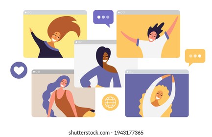 Web windows with different people chatting by videoconference. Smiling women work and communicate remotely. Team meeting online. Concept of virtual discussion. Vector illustration.