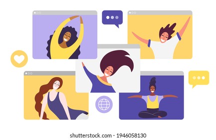 Web windows with different people chatting by videoconference. Smiling women work and communicate remotely. Team meeting online. Concept of virtual discussion. Vector illustration.