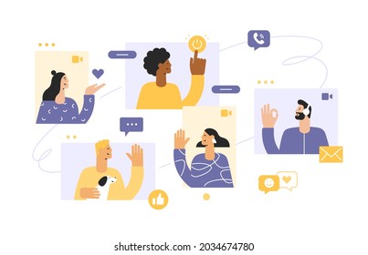 Web windows with different people chatting by videoconference. Smiling men and women work and communicate remotely. Team meeting online. Concept of virtual discussion. Vector in flat style, isolated