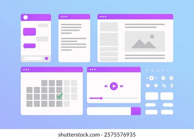 Web windows flat cartoon vector collection. Minimalistic simple style elements. Chat, list, web page, calendar, video, placeholder, and icons collection.