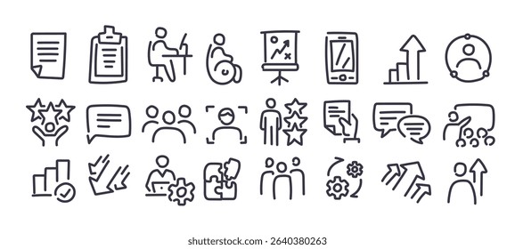 Web workshop icon set in linear style hand drawn. Business Workshop icons for web and mobile app. Containing team building, teamwork, coaching, meeting, managing, coaching, motivation and other.