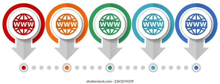 Web, www and internet vector icon set, flat design infographic template, set pointer concept icons in 5 color options for webdesign and mobile applications