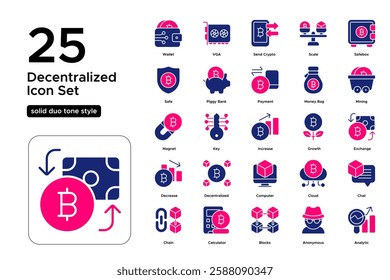 Web3 and Blockchain Innovation. Digital Finance, Decentralization, and Secure Trading. Vector Illustration. Solid duo tone icon set