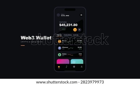 Web3 Cryptocurrency Wallet Mobile App Interface Modern Dark UI Flat Design for Digital Finance Asset Management NFT Portfolio Tracker and Blockchain Transaction Dashboard. Modern dark mode mobile application interface for a web3 cryptocurrency wallet displaying bitcoin ethereum and solana assets with portfolio value and performance charts in a flat design style.