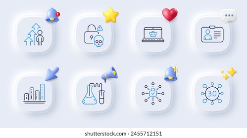 Web3, Employee result and Id card line icons. Buttons with 3d bell, chat speech, cursor. Pack of Chemistry lab, Graph chart, Security lock icon. Cyber attack, Online shopping pictogram. Vector