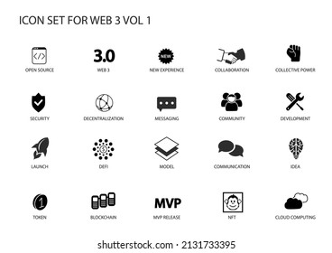 Web3 Or Web 3.0 Vector Icon Set. A Collection Of Various Symbols For The Semantic Web Or Web3 Topic For Infographics