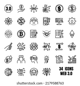 Web3 or Web 3.0 vector icon set. Contains symbols such as defi, token, decentralisation, marketplace.