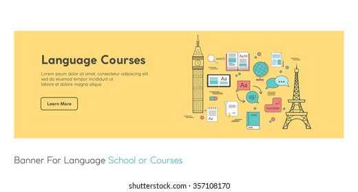 Web-Banner, poster for language school or courses. Made in vector in flat line style. Perfect for language web-site. With Chinese text "Hello!"