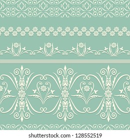 Webbing, lace, border seamless pattern with swirling decorative floral elements. Edge of the fabric, wallpaper