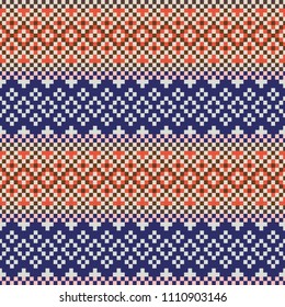 Webbing seamless beaded pattern vector design. Embroidery cross stitch pixel background red and blue colors.