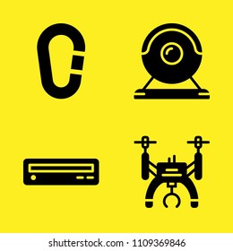 webcam, carabiner, drone and dvd player vector icon set. Sample icons set for web and graphic design