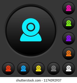 Webcam dark push buttons with vivid color icons on dark grey background