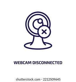 la cámara web desconectó un icono de la colección de equipos. Cámara web lineal delgada desconectada, cesta, icono de contorno de pantalla aislado en fondo blanco. Señal de desconexión de webcam de vector de línea, símbolo para web y 