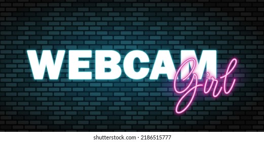 Webcam Girl neon title. Pink and blue neon sign on dark brick wall. Best for web, social media, mobile apps, signboards and decoration. EPS 10.