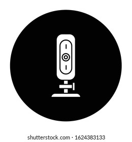 Webcam glyph icon. Small digital video camera. Online chatting, conference. Surveillance. Portable recording gadget. Technology. Mobile device. Vector white silhouette illustration in black circle