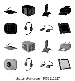 Webcam, headphones, USB cable, processor. Personal computer set collection icons in black,monochrome style vector symbol stock illustration web.