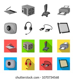 Webcam, headphones, USB cable, processor. Personal computer set collection icons in monochrome,flat style vector symbol stock illustration web.