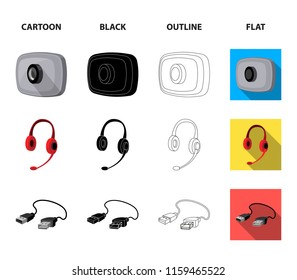 Webcam, headphones, USB cable, processor. Personal computer set collection icons in cartoon,black,outline,flat style vector symbol stock illustration web.