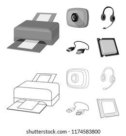 Webcam, headphones, USB cable, processor. Personal computer set collection icons in outline,monochrome style vector symbol stock illustration web.