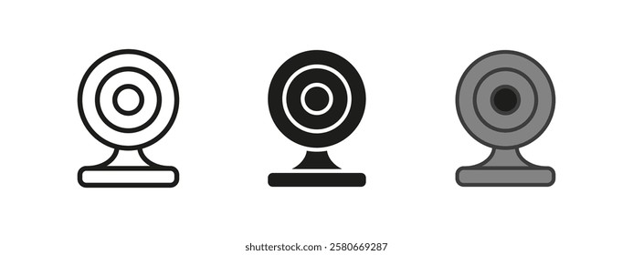 Webcam icon. Digital video communication vector illustration. Online streaming device symbol. Internet chat call sign. Secure surveillance connection concept. Network lens graphic.