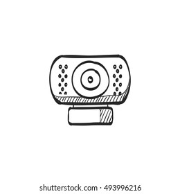 Webcam icon in doodle sketch lines. Computer internet connection discussion teleconference business