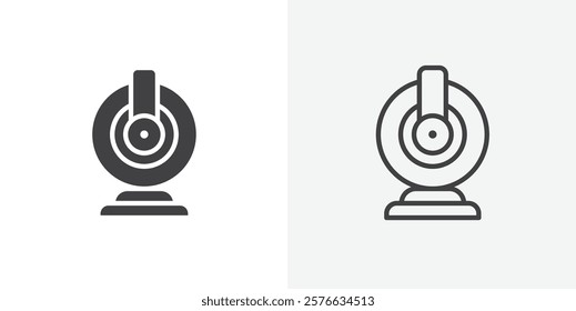 Webcam icon set in black flat solid and outlined style.