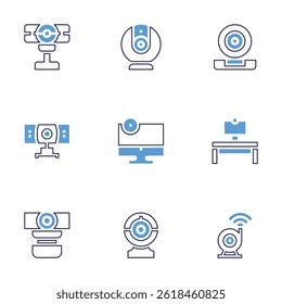 Webcam icon set. Bold line style. Duotone colors. Editable stroke. webcam, monitor, desk.