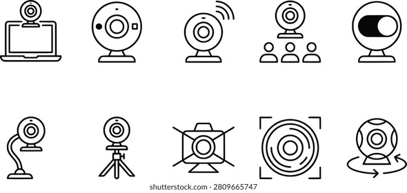 Webcam icons, laptop camera, standalone webcam, wireless signal, video conferencing, privacy shutter, tripod mount, studio lighting, rotation adjustment