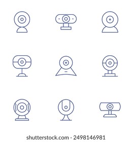 Conjunto de iconos de cámara web. Estilo de línea delgada, trazo editable. software de cámara web, soporte de cámara web, transmisión de cámara web, cámara de seguridad.